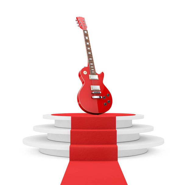 Krásná červená elektrická kytara v retro stylu přes kolo bílé Pe - Fotografie, Obrázek
