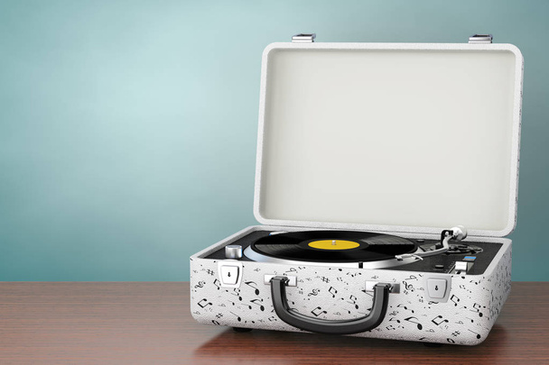 Portable Vintage Style Music Player Turntable in White Case. 3d  - Zdjęcie, obraz
