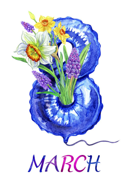 Greeting card for Women's Day, March 8, watercolor painting on a white background. Balloon in the form of the number 8 and a bouquet of daffodils and muscari, the inscription: "March 8". - Foto, Imagen