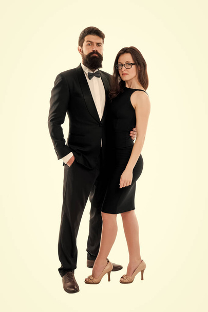Woman elegant lady and bearded gentleman black tuxedo with bow tie. Formal event. Dress code rules. Party ceremony conference. Dress code concept. Couple get ready for party. Official dress code - Photo, Image
