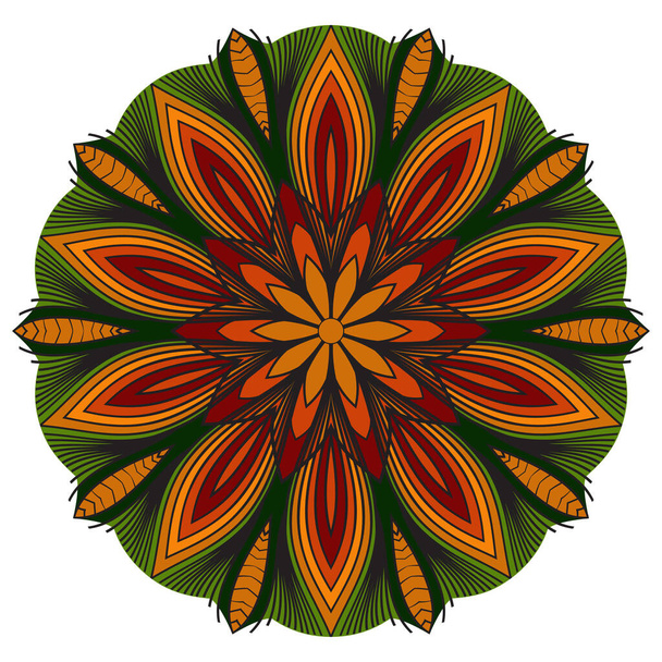 Mandala de colores. Patrón simétrico oriental en un círculo. Roseta gráfica en color verde, rojo y burdeos
. - Vector, imagen