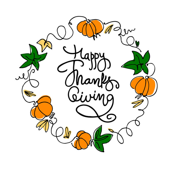 Happy Thanksgiving letras de la mano dentro de una corona de calabazas y hojas sobre fondo blanco
 - Vector, imagen