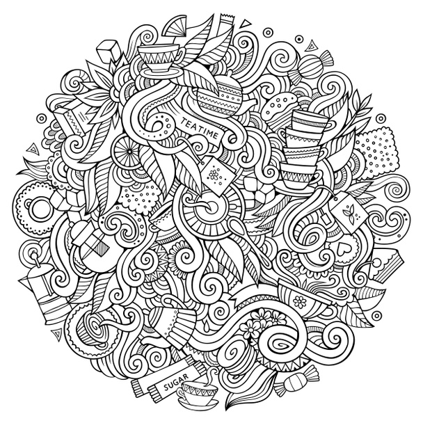 Cartoon doodles Tea illustration. Kavárna legrační obrázek - Fotografie, Obrázek