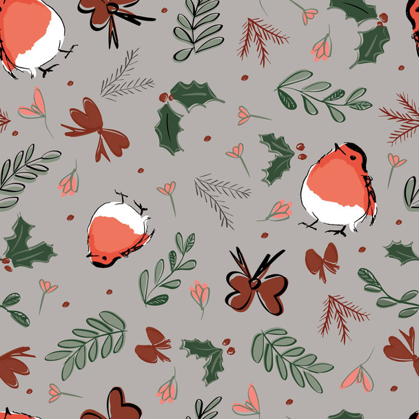 Рождественские украшения малиновки бесшовный повторяющийся узор
 - Вектор,изображение