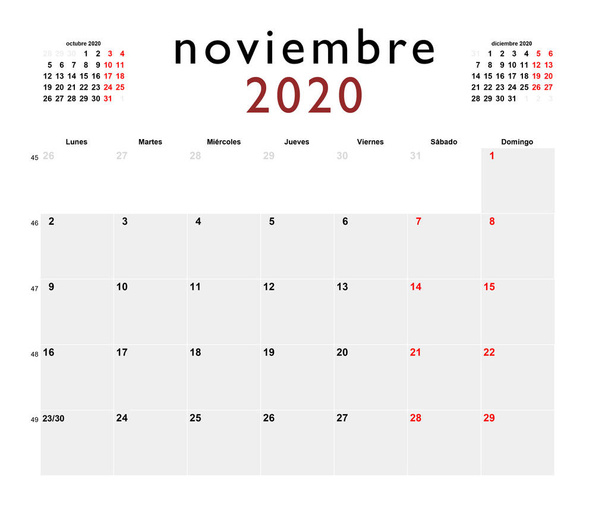 Spaans printbare kalender voor november 2020 - Foto, afbeelding