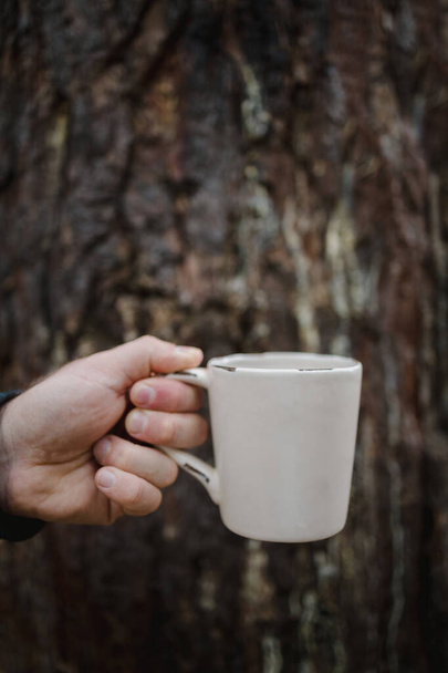 mão segura uma xícara de chá com café no fundo de um velho tronco de madeira. Atmosfera quente do outono, foco suave
. - Foto, Imagem