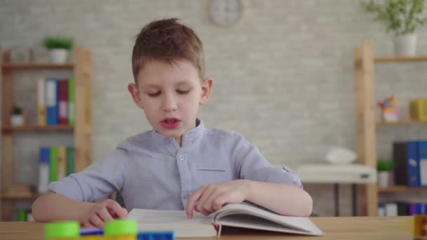 Preschooler boy reading a book - Filmati, video