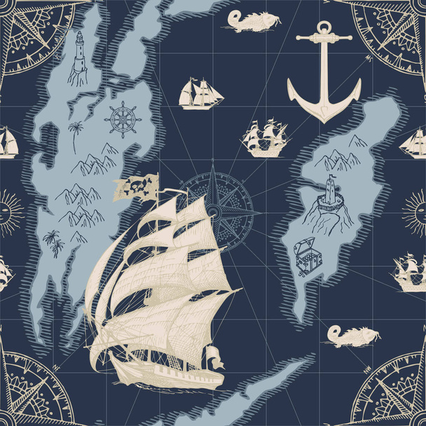 seamless pattern on the theme of travel and pirates - Vector, Image