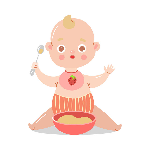 Cute baby in striped red underpants sitting with a bowl of porridge and holding a spoon with raised hands. Vector illustration in flat cartoon style. - Vector, Image