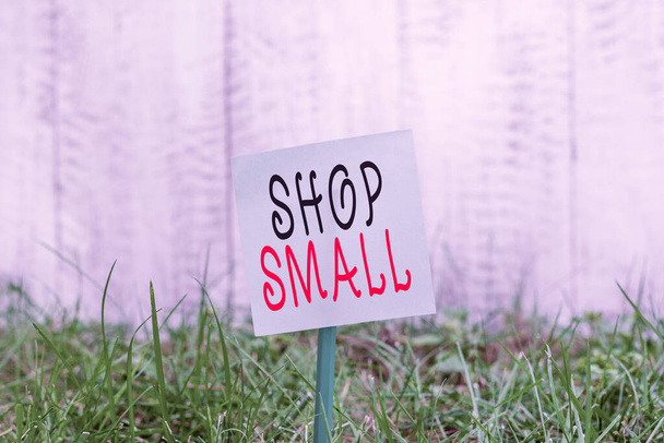 Text sign showing Shop Small. Conceptual photo nationwide movement that celebrates small businesses every day Plain empty paper attached to a stick and placed in the green grassy land. - Photo, Image