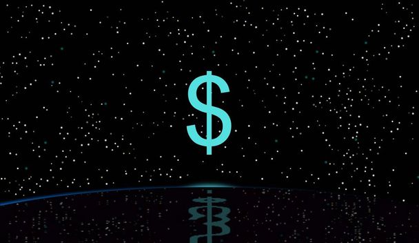 Ілюстрація, плакат синій знак долара в твердому стані, і роздуми на воді. Валюта
. - Фото, зображення