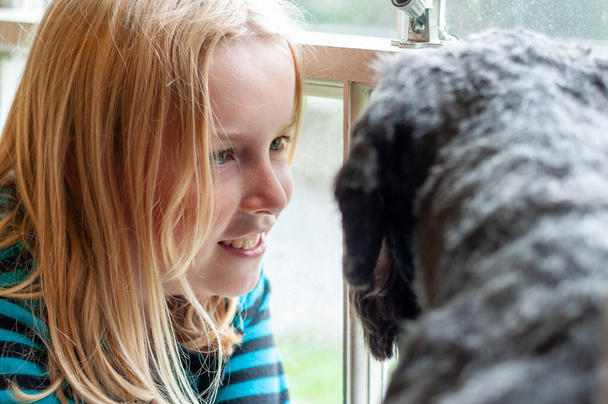 Jolie fille blonde regardant joyeusement son chien noir devant une fenêtre
 - Photo, image