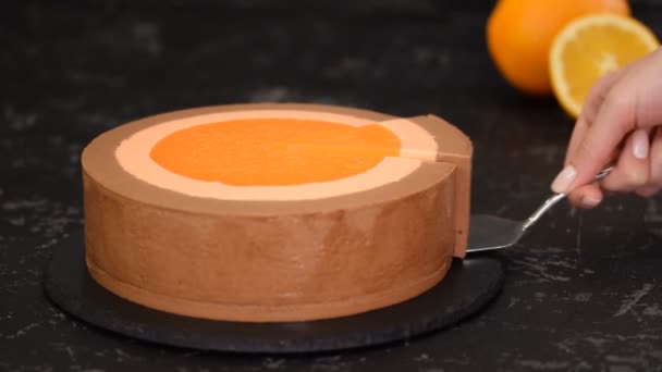 Homemade Orange Chocolate Mousse Cake. - Footage, Video