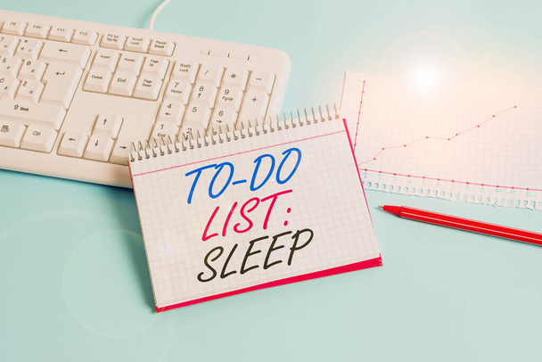 Text sign showing To Do List Sleep. Conceptual photo Things to be done Priority object is to take a rest Paper blue desk computer keyboard office study notebook chart numbers memo. - Photo, Image