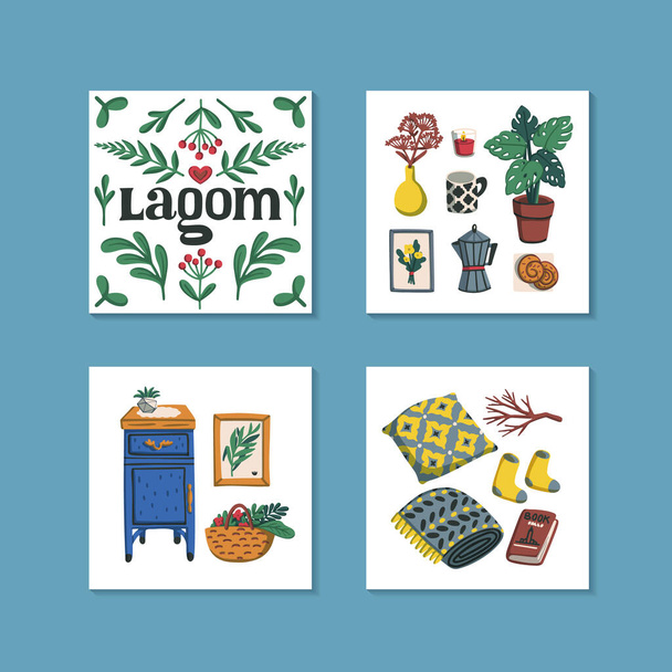 Lagomia. Skandinaavisen elämäntavan käsite. Mini-kortit lagom-kirjoituksella ja kodikas koti asioita, kuten tyyny, kasvit, huonekalut. Värikäs litteä vektori kuva
. - Vektori, kuva