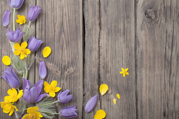 tavaszi lila és sárga virágok a régi, fából készült háttéren - Fotó, kép