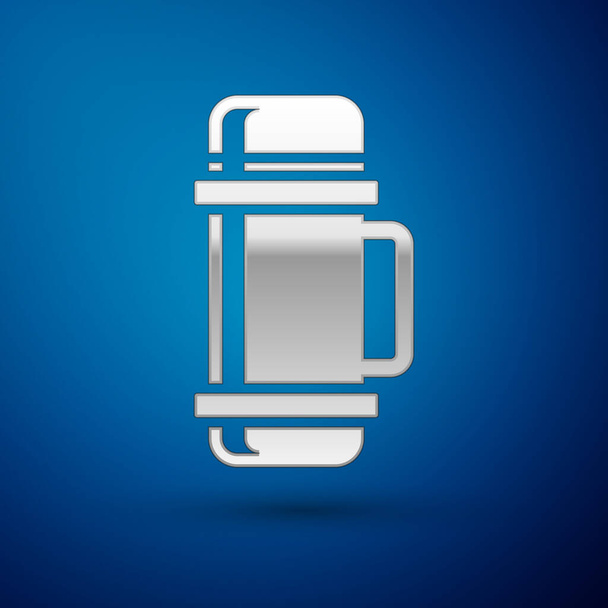 Icono del contenedor Silver Thermos aislado sobre fondo azul. Icono de termo frasco. Equipo de camping y senderismo. Ilustración vectorial
 - Vector, Imagen