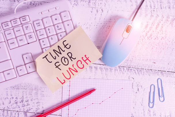 Text sign showing Time For Lunch. Conceptual photo Moment to have a meal Break from work Relax eat drink rest Writing equipments and computer stuffs placed above classic wooden table. - Photo, Image