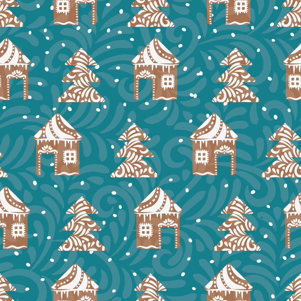 seamless vector pattern with gingerbread houses and trees - ベクター画像