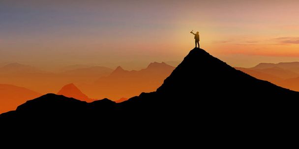 Silueta podnikatele stojící na vrcholu hory nad východem slunce  - Fotografie, Obrázek