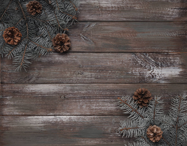 Christmas concept background. Pine on wooden background. - 写真・画像