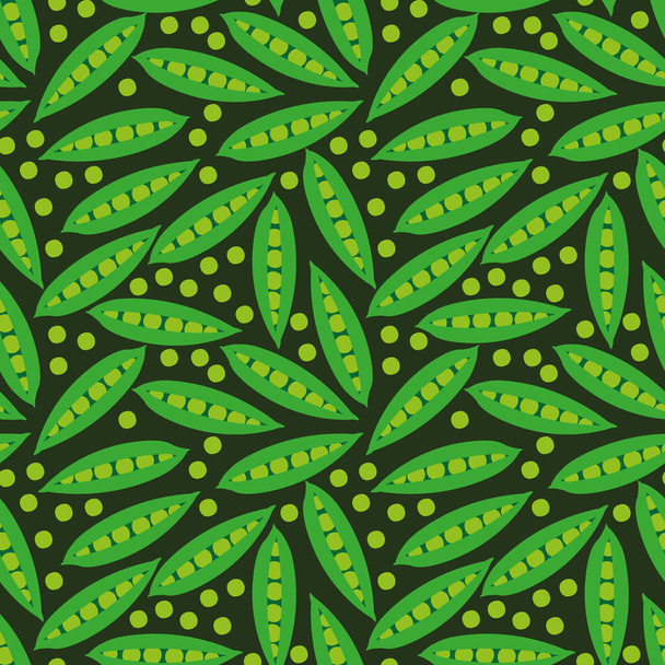 bezszwowy wzór wektora z zielonym groszkiem i strąkami na ciemnym tle - Wektor, obraz