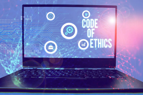 Conceptual hand writing showing Code Of Ethics. Business photo showcasing Moral Rules Ethical Integrity Honesty Good procedure. - Photo, Image