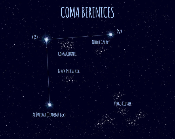 Constelación de Coma Berenices (Berenices Hair), ilustración vectorial con los nombres de estrellas básicas contra el cielo estrellado
  - Vector, imagen