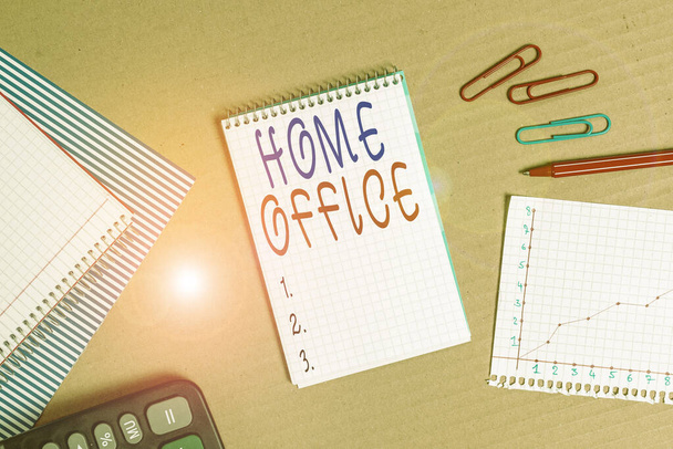 Handwriting text writing Home Office. Concept meaning space designated in a demonstrating s is residence for official business Striped paperboard notebook cardboard office study supplies chart paper. - Photo, Image