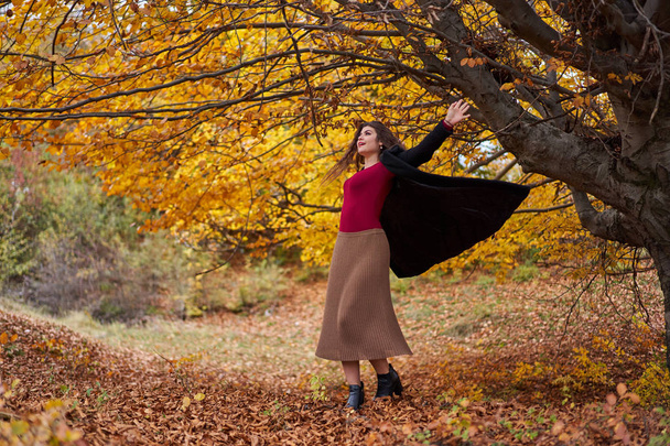 Portrait of a beautiful Hispanic young woman in an autumnal forest - Fotoğraf, Görsel