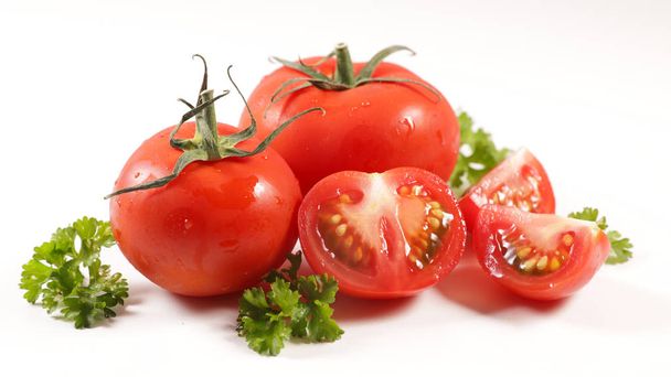 red tomato and herb isolated on white background - Photo, Image