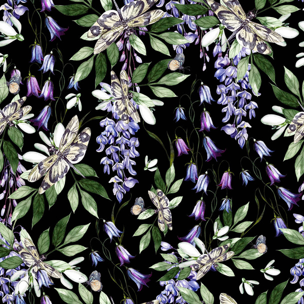 Beautiful watercolor seamless pattern with snowdrop, wisteria and bell flowers.  - Фото, зображення