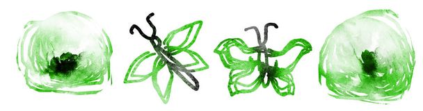 Four watercolor sketch with butterflies, flowers on white. Set - Zdjęcie, obraz