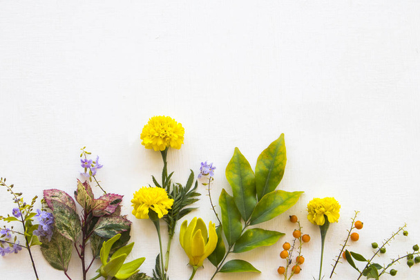 żółty kwiat marigold, ylang ylang, fioletowe kwiaty i układ liści płaskie układać pocztówki styl na tle biały  - Zdjęcie, obraz