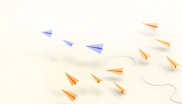 Samolot papierowy Przywództwo twórcze Pomysły origami Blue and Orange Inspiracja biznes koncepcja na żółtym pastelowym tle - 3d rendering - Zdjęcie, obraz