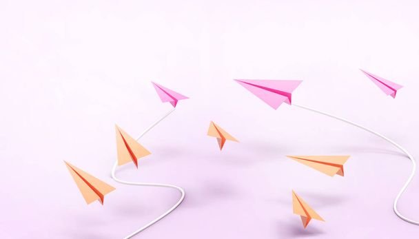 Бумажный самолет Лидерство креативные идеи минимальное искусство Оранжевый и фиолетовый оригами бизнес-концепция на фиолетовый пастельный фон - 3D рендеринг
 - Фото, изображение