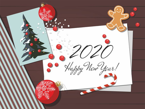 Año nuevo y fondo de Navidad con galletas, tarjeta de felicitación y bolas de Navidad
. - Vector, imagen