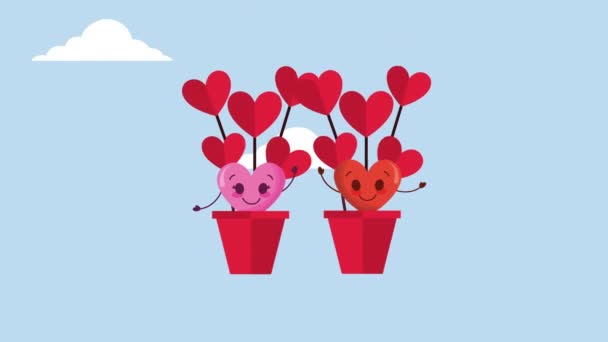 Κάρτα βαλεντίνων με καρδιές αγάπης που φέρουν σε αερόστατο ζεστό χαρακτήρες αέρα - Πλάνα, βίντεο
