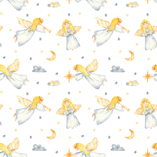 Seamless pattern with Christmas angels watercolor - Photo, Image