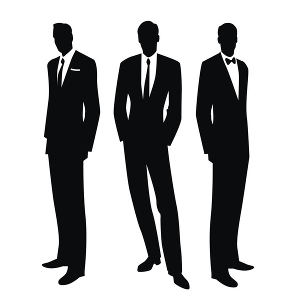 Siluetas de tres hombres en el estilo retro de los años 50 o 60 aislados sobre fondo blanco
 - Vector, Imagen