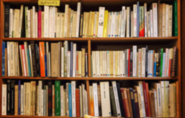 Books in rows on shelves. Blur Background. Space for text. - Photo, Image