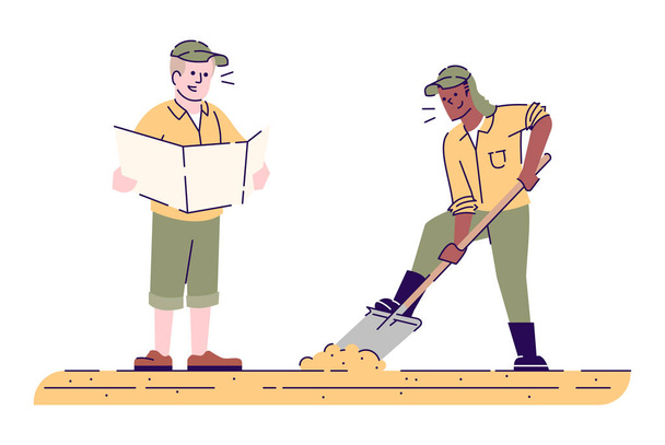 Field survey and excavation flat vector illustration. Archeological expedition researching. Man looks at map and man digs isolated cartoon characters with outline elements on white background - Vektor, kép