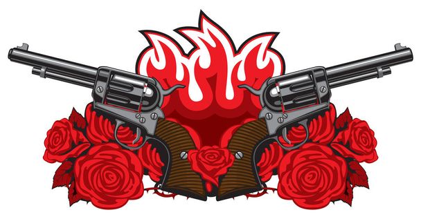 banner with two old revolvers, fire and red roses - Διάνυσμα, εικόνα