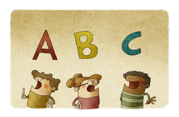 Alfabenin ilk harfleri altında üç farklı çocuk var. okuma yazma öğrenme kavramı - Fotoğraf, Görsel