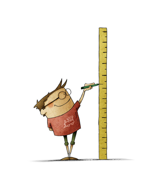 boy with glasses makes a mark on a ruler in which he has measured his height. isolated - Photo, Image