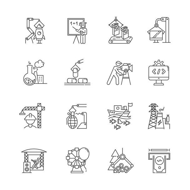 Industry types linear icons set. Goods and services production. Technology development. Human activities for profit. Thin line contour symbols. Isolated vector outline illustrations. Editable stroke - Vector, Image