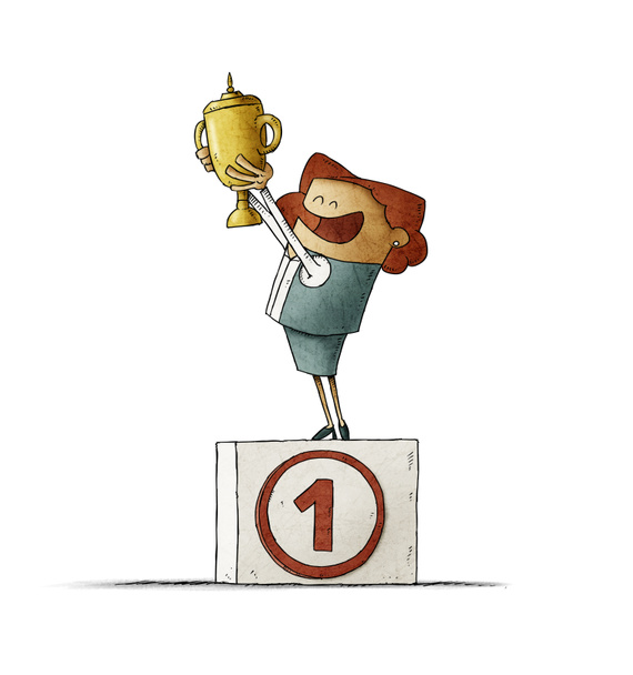 Business woman on a podium with the number one lifts a trophy with her hands. isolated - Photo, Image
