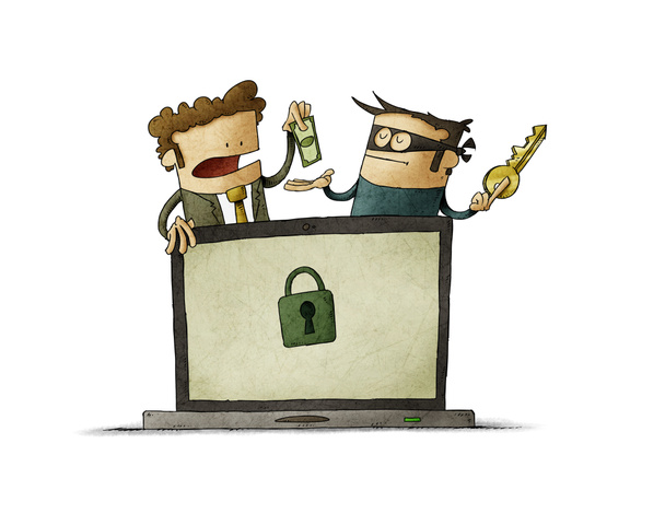El hombre paga a un ladrón por una llave para desbloquear su computadora. concepto de virus ransomware. aislado
 - Foto, imagen