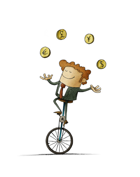 Zakenman op een eenwieler jongleert met vier valuta 's uit verschillende landen. geïsoleerd - Foto, afbeelding