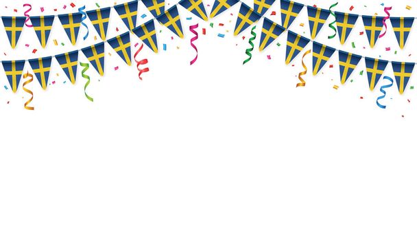 Sweden flags garland white background with confetti - Vector, Image